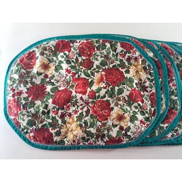 Handmade Quilted Placemats Floral Roses Set Of 6 Turquoise Red Country 12x16 - Picture 2 of 3